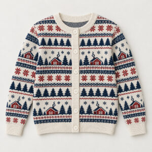 Youth knitted cardigan with white buttons printed with fair-isle cabins and stars
