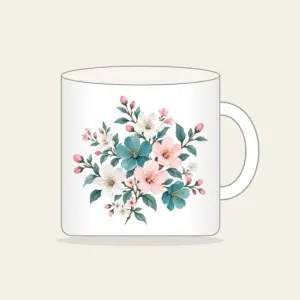 Teal Blossom Scatter Mug in white: Small blossoms in teal, white and pale pink scattered across a pale grey ground.