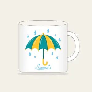 Teal Umbrella and Raindrop Ripple Mug in white: An open teal and yellow umbrella with small raindrops and a tiny puddle ripple.