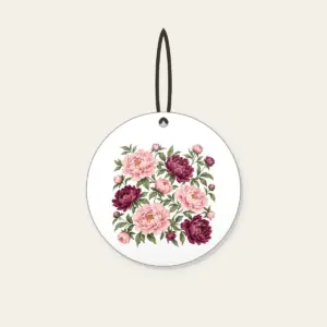 Peony Lace Garden Ceramic Ornament in white: Peony blooms and leaves in blush, plum and sage on cream with a lace-look border.