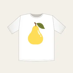 Butter Yellow Pear with Olive Leaf T-Shirt in white: A stylized butter-yellow pear with an olive leaf and a small cream highlight, drawn in a clean, rounded outline.
