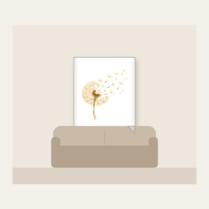 Dandelion Seeds Drifting Away Fleece Blanket in white: A dandelion seed head with its seeds drifting away in cream and pale gold.