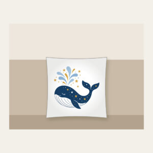 Starry Whale with Water Spout Pillow in white: A friendly whale lifts a spout of water among tiny white and gold stars.