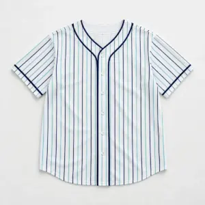 Seafoam Stripe Baseball Jersey with thin seafoam and navy stripes on a white body with navy trim