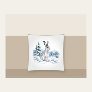 Hare in a Snowy Field with Pines Pillow in white: A hare pauses in a snowy field among pines in white, grey and ice blue.