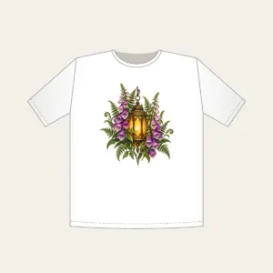 Lantern Among Foxgloves and Ferns T-Shirt in white: A suspended lantern glows amber among violet foxgloves and green fern leaves on a pale stone ground.
