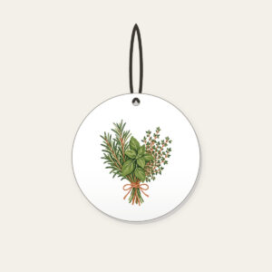 Herb Bundle with String Ceramic Ornament in white: A bundle of rosemary, basil and thyme tied with string in green, cream and terracotta.