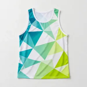 Gradient Peak Mesh Tank with all-over colour-blocked triangles in teal fading to lime on white