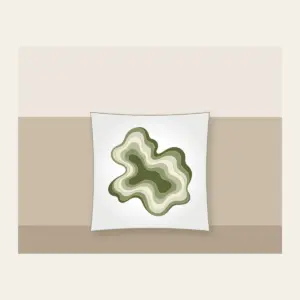 Moss Contour Lines with a Gold Thread Pillow in white: Moss contour lines in olive, sage and cream are traced with one thin gold line.