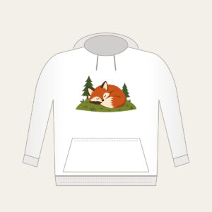 Sleeping Fox on the Hill Hoodie in white: A rust-colored fox curled asleep on a green hill with two tiny pines.