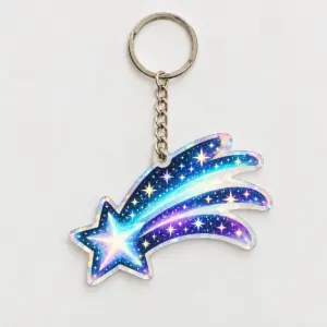 Meteor Shower Hologram Acrylic Keychain with keychain face with a diagonal meteor trail and tiny stars in teal, violet and white, Star Hologram colourway