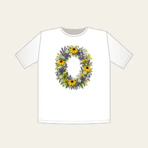 Oval Wildflower Wreath T-Shirt in white: A bold oval wildflower wreath in yellow, purple and green sits at the centre.