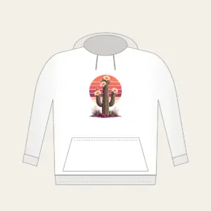 Flowering Saguaro and Striped Sun Hoodie in white: A flowering saguaro cactus stands against a striped sunset sun in coral, plum and cream.