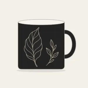 Single-Line Leaf Drawing Mug in black: One unbroken cream line sketches a graceful leaf, answered by a small sprig on the reverse side.