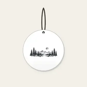 Pine Tree Line and Crescent Moon Ceramic Ornament in white: A single-tone pine tree in line drawing with a small moon curled around it.