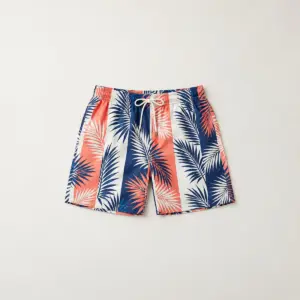 Palm Stripe Beach Shorts with vertical palm-leaf stripes in navy, white and coral