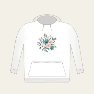 Teal Blossom Scatter Hoodie in white: Small blossoms in teal, white and pale pink scattered across a pale grey ground.