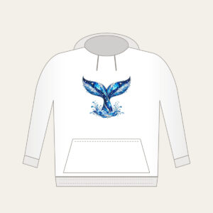 Whale Tail with Prismatic Shimmer Hoodie in white: A whale tail in blue and silver with tiny stars and a prismatic broken-glass shimmer.