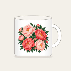 Big Peonies on Deep Green Mug in white: Large peonies in blush and coral with leaves on a dark green ground.