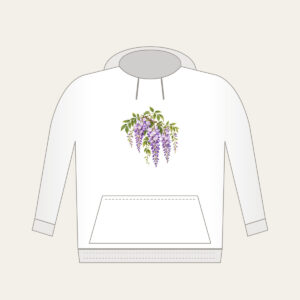 Drooping Wisteria Clusters on Cream Hoodie in white: Drooping wisteria clusters in lilac and violet with green leaves on a cream base.