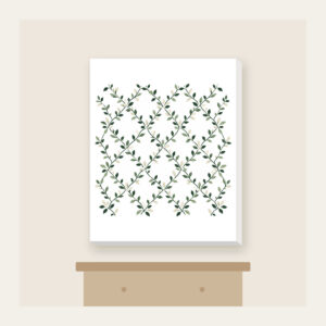 Forest Green Trellis with Tiny Leaves Canvas Print in white: Trellis lines with small leaves in forest green, cream and sage repeat all over.