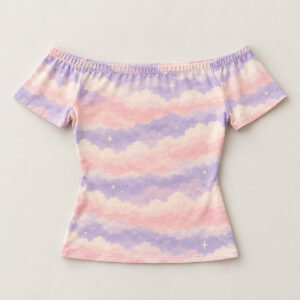 Cloud Stripe Women's Off-the-Shoulder Tee with all-over cloud stripes in lilac, blush and cream with a few tiny stars
