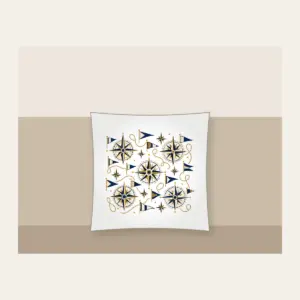 Compass Roses and Pennants Pillow in white: Compass roses and pennants repeat in navy, gold and cream.
