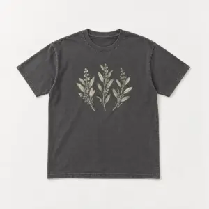 Pressed Sage Classic Tee with pressed-botanical chest print of three sage sprigs in cream and pale green with tiny dotted stems