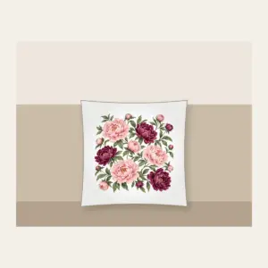 Peony Lace Garden Pillow in white: Peony blooms and leaves in blush, plum and sage on cream with a lace-look border.