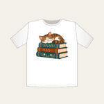 Cat Napping on Three Books T-Shirt in white: A cat curled up asleep on a stack of three books, in warm brown and teal.