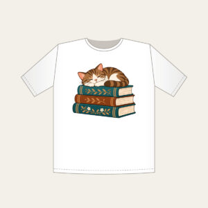 Cat Napping on Three Books T-Shirt in white: A cat curled up asleep on a stack of three books, in warm brown and teal.