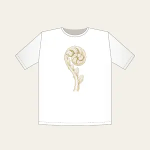 Unrolling Fiddlehead Fern T-Shirt in white: A single fiddlehead fern unrolls in cream line art.