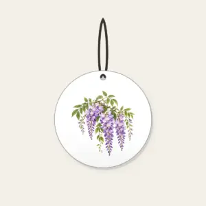 Drooping Wisteria Clusters on Cream Ceramic Ornament in white: Drooping wisteria clusters in lilac and violet with green leaves on a cream base.