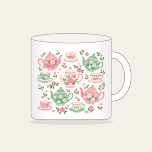 Teapots and Tiny Flowers Mug in white: Cheerful teapots and little flowers in pink and mint scatter across a cream ground.