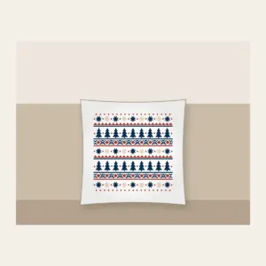 Alpine Star and Pine Border Bands Pillow in white: Bands of stars and pine trees in cream, rust and navy, repeating like an alpine border.