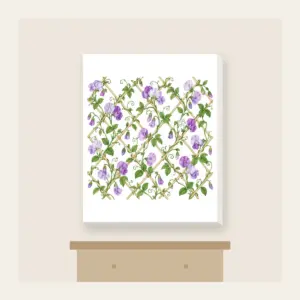 Sweet Peas Climbing a Lattice Canvas Print in white: Sweet peas climb an all-over lattice in lilac and green on cream.
