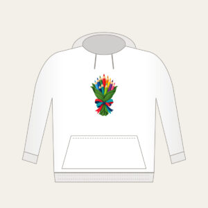 Pencil Bouquet Hoodie in white: Colored pencils gathered like a bouquet in a green leaf wrapping with a red, teal and navy ribbon.