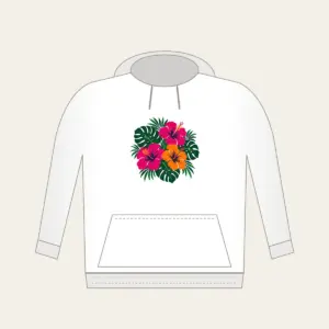 Hibiscus and Monstera Midnight Hoodie in white: Magenta and orange hibiscus flowers with deep green monstera leaves on a navy base.