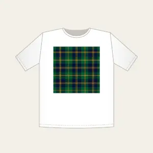 Green and Navy Plaid with Gold Lines T-Shirt in white: A classic plaid of green and navy, finished with fine gold lines.