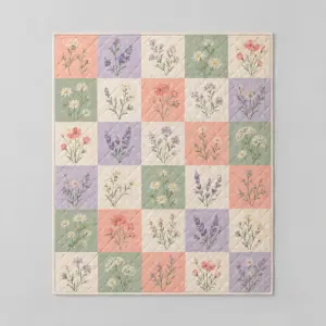 Meadow Patchwork Quilt Blanket with patchwork grid of squares each with a different small wildflower in coral, lilac and green, Fold Hem type