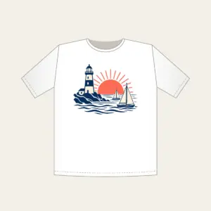 Lighthouse and Two Sailboats T-Shirt in white: A navy lighthouse, two cream sailboats outlined in navy and a coral rising sun.
