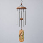 Sparrow and Willow Wind Chime with a round wood top printed with a sparrow on a willow branch in warm brown and green, metal tubes hanging below