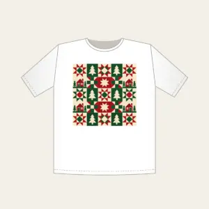 Cabin, Tree and Star Patchwork T-Shirt in white: Patchwork squares hold simple cabin, tree and star motifs in red, cream and green.