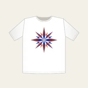 Cobalt Starburst Pattern T-Shirt in white: A starburst pattern in cobalt and orange over a cream field.