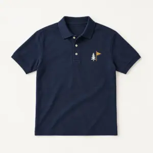 Pine and Flag Polo with small left-chest crest of a pine tree and a pennant flag in white and gold