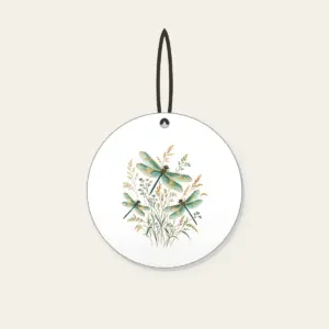 Dragonflies over Meadow Grasses Ceramic Ornament in white: Teal and gold dragonflies hover over fine meadow grasses.