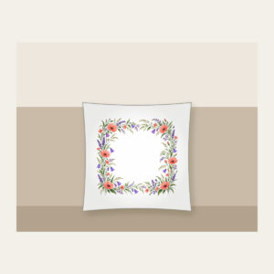 Roadside Wildflower Border Pillow in white: A loose border of coral, violet and green wildflowers and grasses along the edges, leaving the center open.
