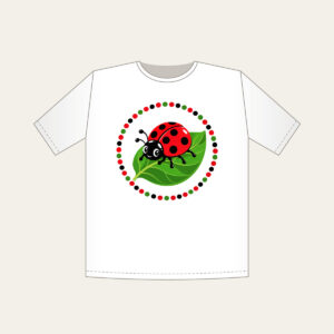 Ladybug on a Leaf T-Shirt in white: A cheerful ladybug rests on a green leaf inside a polka-dot border in red, black and green.