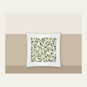 Pear and Leaf Mosaic Pillow in white: Leaves and tiny pears form a mosaic in sage, olive and cream.