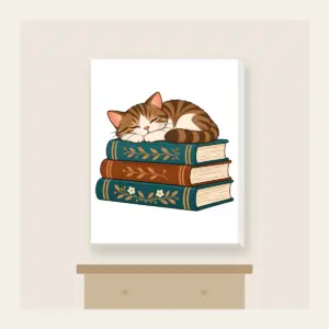Cat Napping on Three Books Canvas Print in white: A cat curled up asleep on a stack of three books, in warm brown and teal.